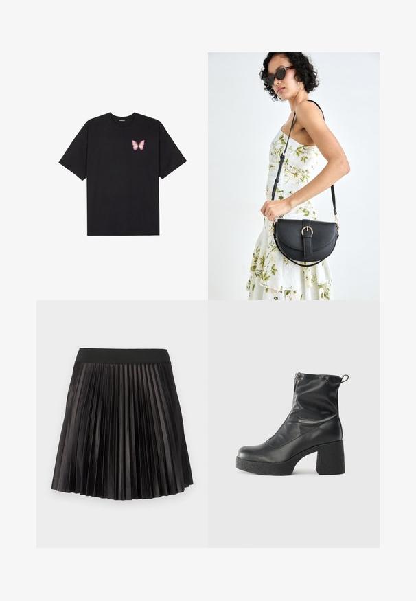 T-shirt de algodão preto com mangas curtas, apresentando um pequeno gráfico de borboleta rosa no lado esquerdo do peito. Design de gola redonda com um corte solto.; Saia plissada preta com uma cintura larga e elástica e uma textura suave e brilhante por todo o tecido.; Botas de tornozelo pretas feitas de couro liso, com fecho lateral, salto grosso texturizado e design de bico arredondado.; Bolsa de couro preta com forma curva, alça destacável e detalhes em dourado. A bolsa possui uma aba com detalhe de fivela.