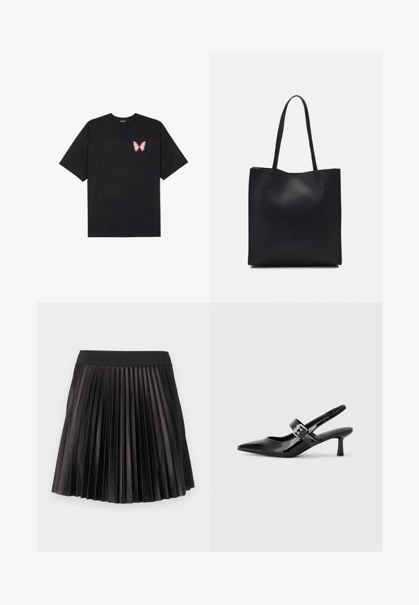 Fekete pamut póló rövid ujjakkal, bal mellkason egy kis rózsaszín pillangó grafikával. Kerek nyakú kialakítás, laza fazonnal.; Fekete, redőzött szoknya széles, elasztikus derékkal és sima, fényes textúrával az egész anyagon.; Fekete lakkbőr slingback sarkú cipők hegyes orral és kis blokk talppal, ezüst csat díszítéssel a pánton.; Fekete bőrtáska sima felszínnel, téglalap alakú, két hosszú füllel. Nincs látható fémkiegészítő vagy díszítés.