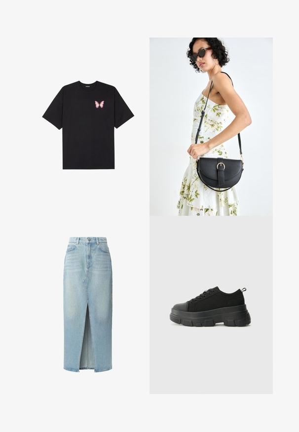 Črna bombažna majica s kratkimi rokavi, ki ima majhen roza metuljček na levi strani prsnega dela. Majica s krožnim ovratnikom in sproščenim krojem.; Svetlo modra denim krila z razporkom spredaj, petimi žepi in zankami za pas. Narejena iz bombaža z gladko teksturo in rahlim bledenjem.; Črne teniske z debelim gumijastim podplatom, zgornji del iz teksturirane tkanine, okrogla punta in zavezovanje z vrvicami. Vključujejo ojačane luknje za vrvice in zanko na hrbtu.; Črna usnjena torbica s ukrivljeno obliko, z odstranljivo naramnico in zlatimi dodatki. Torbica ima pokrov s podrobnostmi v obliki zaponke.