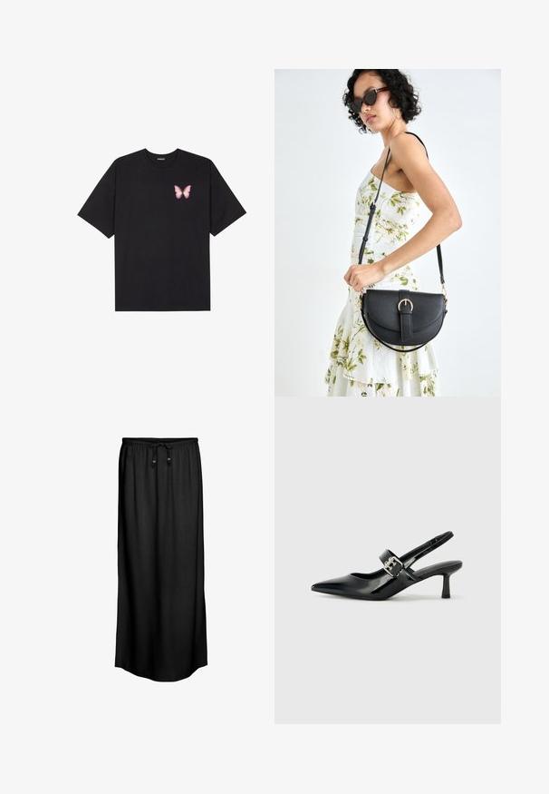 Sort bomulds T-shirt med korte ærmer, prydet med en lille pink sommerfugl grafik på venstre bryst. Rund hals design med en afslappet pasform.; Sort maxinederdragt med snor i taljen og to træknapper, der har et glat, let stof og et simpelt, lige design.; Sorte laker slingback hæle med spids tå og en lille blokhæl, med en sølvspændeaccent på remmen.; Sort læderhåndtaske med en buet form, aftagelig rem og guldfinish. Tasken har en klap med en spænde detalje.