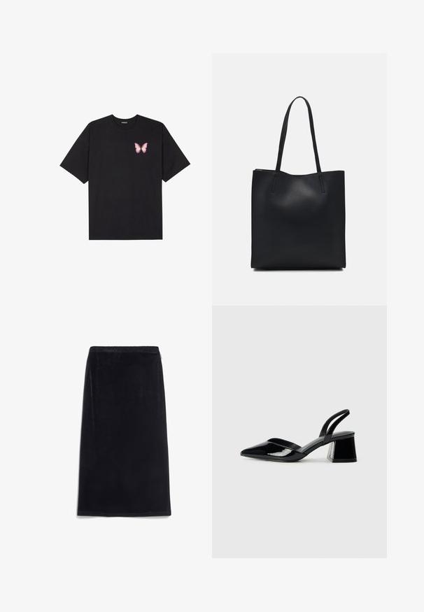 Zwarte katoenen t-shirt met korte mouwen, voorzien van een kleine roze vlinder graphic op de linkerkant van de borst. Crew neck ontwerp met een relaxte fit.; Zijdezachte zwarte midi-rok van velvet met een gladde textuur, elastische tailleband en eenvoudig design. Geen zichtbare patronen of hardware details.; Zwarte gepatineerde leren slingback hakken met een spitse neus en een geometrische blokhak. Kenmerkt zich door een slank, minimalistisch ontwerp en een gladde textuur.; Zwarte leren handtas met een gladde textuur, rechthoekige vorm en twee lange handvaten. Geen zichtbare hardware of versieringen.
