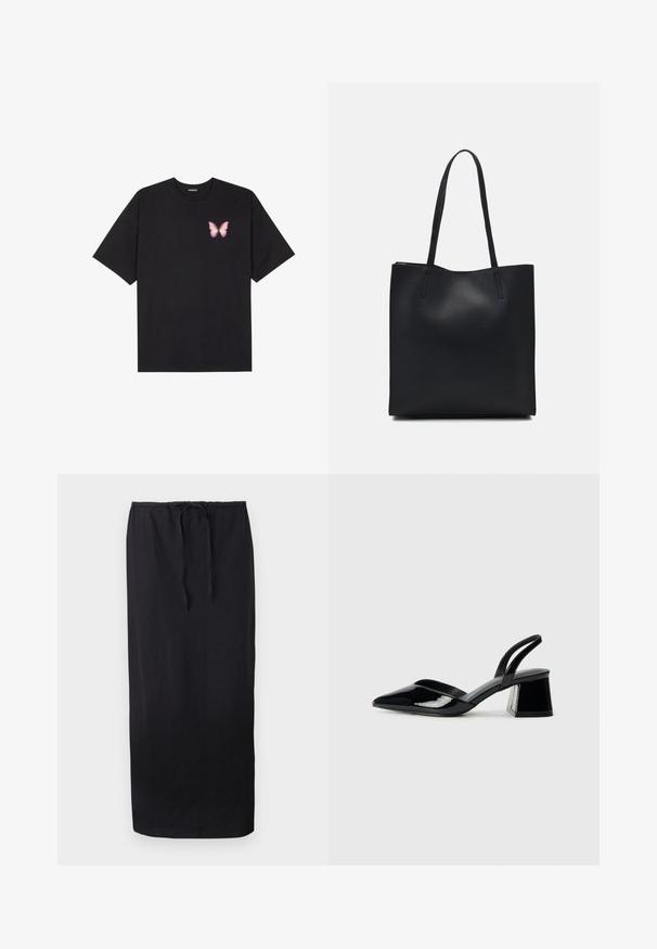 Schwarzes Baumwoll-T-Shirt mit kurzen Ärmeln, das ein kleines pinkes Schmetterlingsmotiv auf der linken Brust zeigt. Crewneck-Design mit einem entspannten Schnitt.; Schwarz, knöchellanger Rock aus weichem Stoff; verfügt über einen elastischen Bund mit Kordelzug für eine anpassbare Passform. Einfaches, einfarbiges Design.; Schwarze Lackleder-Slingback-High Heels mit spitzem Schuh und einem geometrischen Blockabsatz. Verfügt über ein schlankes, minimalistisches Design und eine glatte Textur.; Schwarze Laptoptasche aus Leder mit glatter Textur, rechteckiger Form und zwei langen Griffen. Keine sichtbaren Beschläge oder Verzierungen.