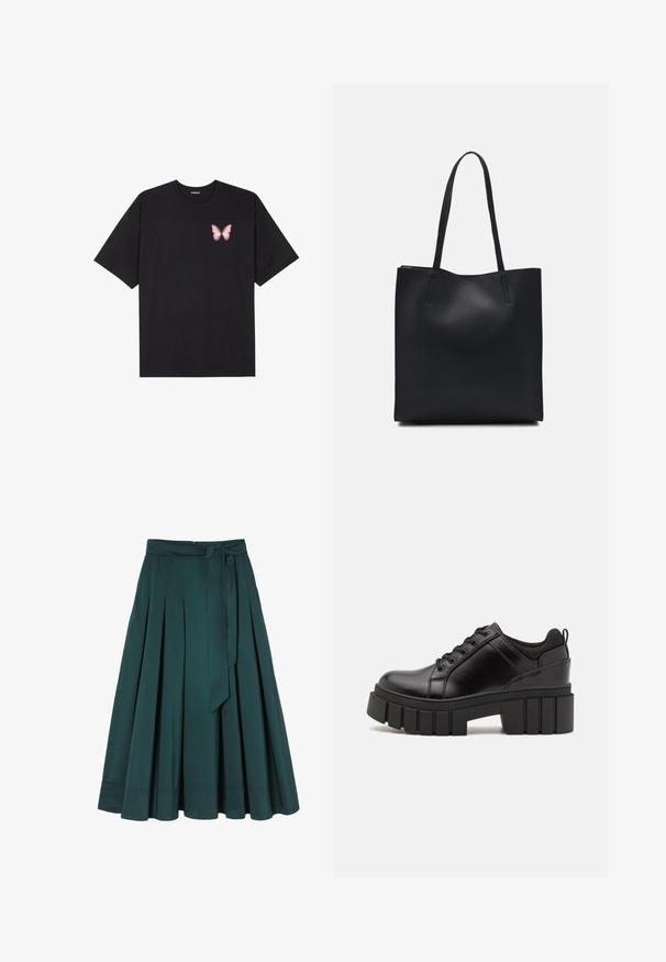 Čierne bavlnené tričko s krátkymi rukávmi, s malým ružovým motýlikom na ľavej hrudi. Design s okrúhlym výstrihom a uvoľneným strihom.; Tyrkysová midi sukňa vyrobená z hladkej tkaniny, s plisovaním, pásom s pútkami na opasok a viazaným pásom. Spodný okraj je rovný s prešívacími detailmi.; Čierne kožené platformy s masívnym blokovým podpätkom, okrúhlou špičkou a tradičným šnurovaním. Má hladký povrch a minimálne detaily.; Čierna kožená taška na rameno s hladkým povrchom, obdĺžnikovým tvarom a dvoma dlhými uchami. Bez viditeľného kovania alebo ozdôb.