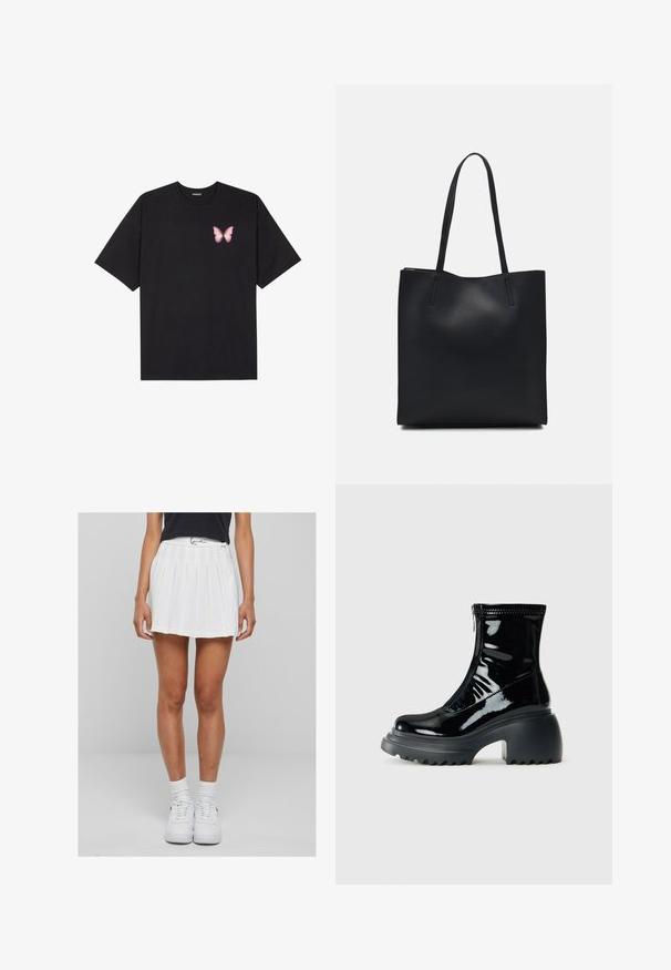 Camiseta de algodón negra de manga corta, con un pequeño gráfico de mariposa rosa en el lado izquierdo del pecho. Diseño de cuello redondo con un corte relajado.; Falda blanca con pliegues, con una cinturilla y cremallera, que presenta una textura suave. Combinada con zapatillas blancas y calcetines de canalé.; Botín negro brillante de plataforma con punta redondeada, tacón grueso, cierre con cremallera y suela gruesa con relieve contra un fondo blanco.; Bolso tote de cuero negro con textura lisa, forma rectangular y dos asas largas. Sin herrajes ni adornos visibles.