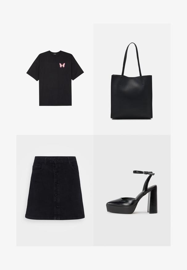 Melna kokvilnas T-krekls ar īsām piedurknēm, kuram priekšā kreisajā pusē ir neliels rozā tauriņa grafiskais attēls. Ar apaļu kaklu un brīvā stila piegriezumu.; Melna džinsu svārki ar taisnu griezumu, kas aprīkoti ar priekšējo pogu aizdari, divām sānu kabatām un gludu tekstūru.; Melnas platformas papēžs ar norādītu purngala formu un regulējamu potītes siksniņu. Izgatavotas no gludas ādas, ar masīvu bloku papēdi.; Melnas ādas somiņa ar gludu tekstūru, taisnstūra formu un divām garām rokturiem. Nav redzamu aparatūras vai rotājumu.