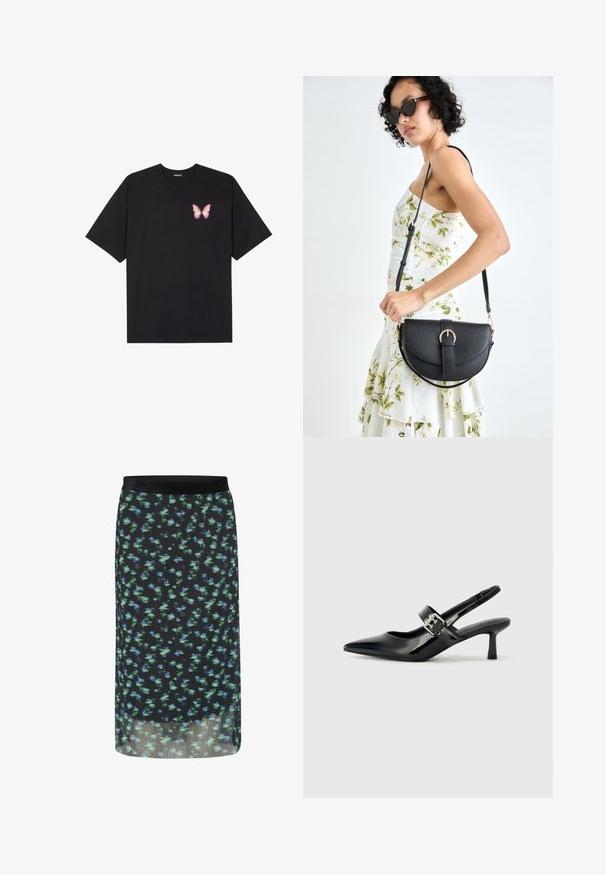 Czarny bawełniany t-shirt z krótkim rękawem, z małym różowym motylkiem na lewej piersi. Klasyczny dekolt z luźnym fasonem.; Czarna plisowana spódnica z zielono-niebieskim wzorem kwiatowym, elastyczny pas, i przezroczysta warstwa wierzchnia. Gładka faktura z płynącą sylwetką.; Czarne lakierowane szpilki slingback z wąskim noskiem i małym słupkiem, z ozdobnym srebrnym klamrą na pasku.; Czarna skórzana torebka o zakrzywionym kształcie, z odpinanym paskiem i złotymi akcentami. Torebka posiada klapę z zapięciem w kształcie klamry.