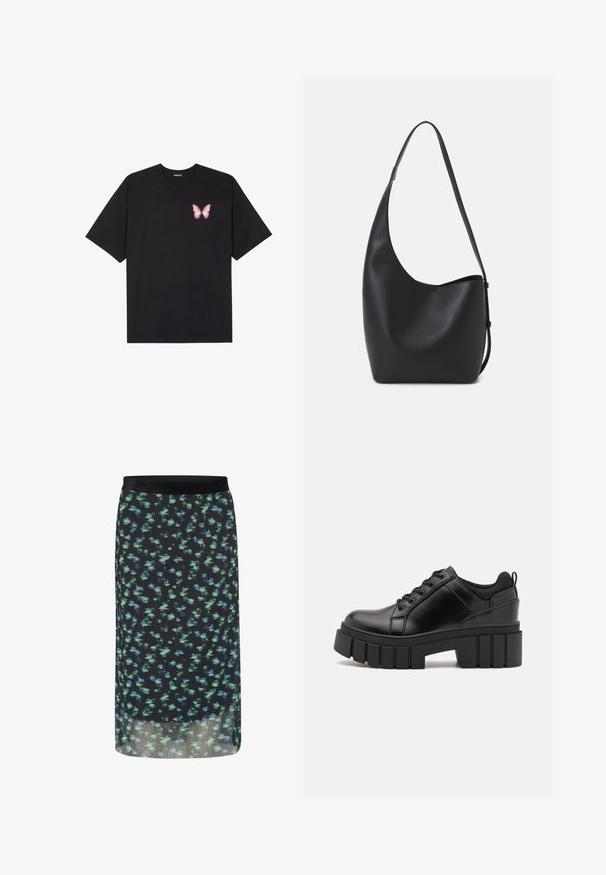 Juodas medvilnės marškinėliai trumpomis rankovėmis, su maža rožine drugelio grafika kairėje krūtinės pusėje. Apvalus kaklo iškirpimas, laisvas kirpimas.; Juoda plisuota sijonas su žaliais ir mėlynais gėlių raštais, elastinga juosmens juosta ir permatoma apdaila. Lygus tekstūra su plaukiantį siluetą.; Juodi odiniai platformos batai su masyviu blokuota kulniuku, apvalia nosimi ir tradiciniu šnypštimo dizainu. Turintys glotnų paviršių ir minimalų dekoravimą.; Juodas odinis hobo maišas su lygiu paviršiumi, kreipta forma ir viena reguliuojama rankena; turi platų atidarymą viršuje.