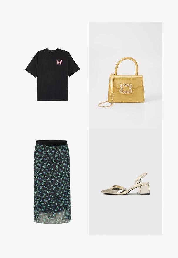 Melna kokvilnas T-krekls ar īsām piedurknēm, kuram priekšā kreisajā pusē ir neliels rozā tauriņa grafiskais attēls. Ar apaļu kaklu un brīvā stila piegriezumu.; Melnā pleated svārku ar zaļa un zila ziedu rakstu, elastīgu jostu un caurspīdīgu pārklājumu. Gluda tekstūra ar plūstošu siluetu.; Zeltaini, metāla kurpes ar siksniņām, norakans purngalis un masīla papēdis. Gluda tekstūra, minimālisma dizains un šaura siksna.; Dzeltena mākslīgā krokodila roku soma ar strukturētu dizainu, augšējo rokturi, noņemamu ķēdes siksniņu un dekoratīvām kristāla rotājumiem aizdares daļā.; Zelta riņķa auskari ar gludu, noapaļu dizainu. Plāni un viegli, ar nepārtrauktu cilpu bez jebkādām rotājumām.