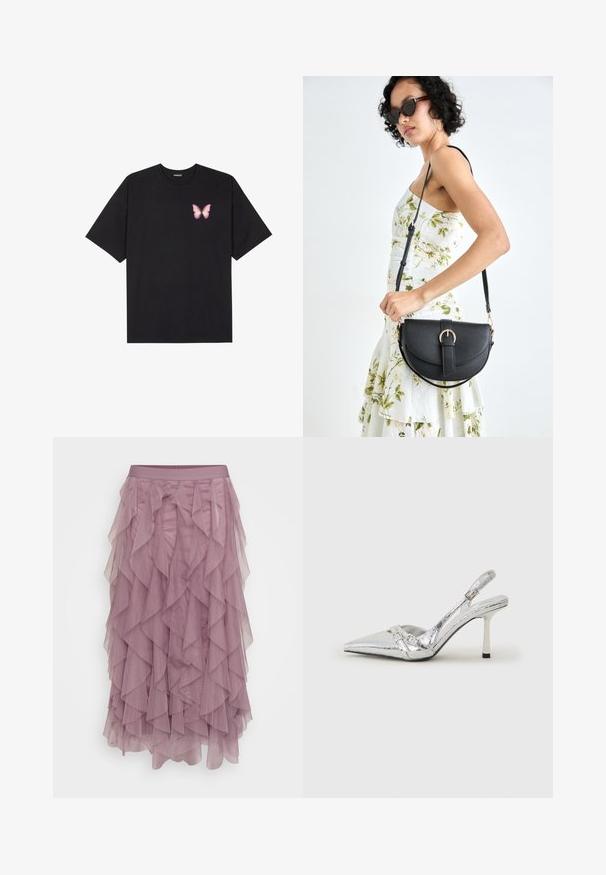 Tricou negru din bumbac cu mâneci scurte, având pe partea stângă a pieptului un mic grafic cu un fluture roz. Design cu guler rotund și croială lejeră.; Faldă din tul stratificat într-o nuanță moale de mauve, având multiple volane, o talie netedă și o textură semi-transparentă. Design midi.; Pantofii cu toc înalt, argintii, cu vârf ascuțit, finisaj metallic, două curele decorative și un toc subțire cu vârful negru.; Geantă din piele neagră, cu o formă curbată, curea detașabilă și accesorii aurii. Geanta are un capac cu un detaliu tip cataramă.; Cerceii în formă de inimă argintie sunt decorați cu pietre clare fațetate, având un cadru texturat. Setul include stiluri cu buton și cu pandantiv.