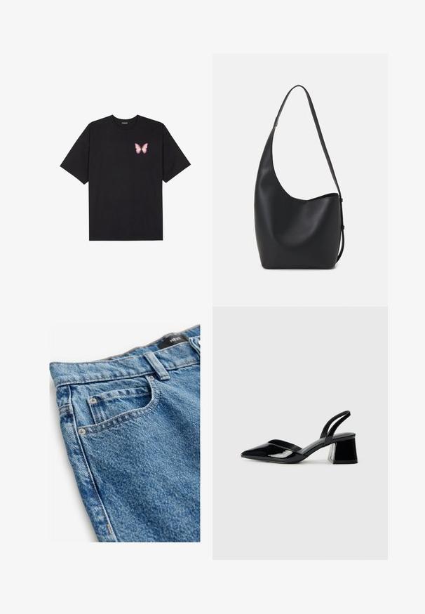 Fekete pamut póló rövid ujjakkal, bal mellkason egy kis rózsaszín pillangó grafikával. Kerek nyakú kialakítás, laza fazonnal.; Középkék farmernadrág, kopottas szerkezettel. Jellemzők: öt zseb, réz szegecsek és varrott részletek az oldalvarrások mentén.; Fekete lakk bőr szandálkés magas sarkú cipő, hegyes orral és geometrikus tömbsarkakkal. Karcsú, minimalista dizájn és sima textúra jellemzi.; Fekete bőr hobo táska sima textúrával, ívelt formával és egyetlen állítható pánttal; széles nyílás található a tetején.