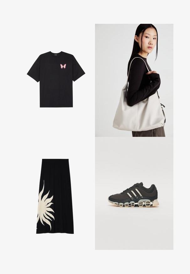 Črna bombažna majica s kratkimi rokavi, ki ima majhen roza metuljček na levi strani prsnega dela. Majica s krožnim ovratnikom in sproščenim krojem.; Črna krilo z velikim belim sončnim motivom na eni strani, mehka tekstura in tekoča oblika, primerno za priložnostno nošenje.; Črne športne čevlje z teksturiranim zgornjim delom, tremi srebrnimi črtami in značilno blažilno podplatom, ki vključuje več integriranih delov.; Bežna torbica iz mehkega materiala, z ohlapno zasnovo, šivi in dvema naramnicama. Primerna za vsakodnevno uporabo.