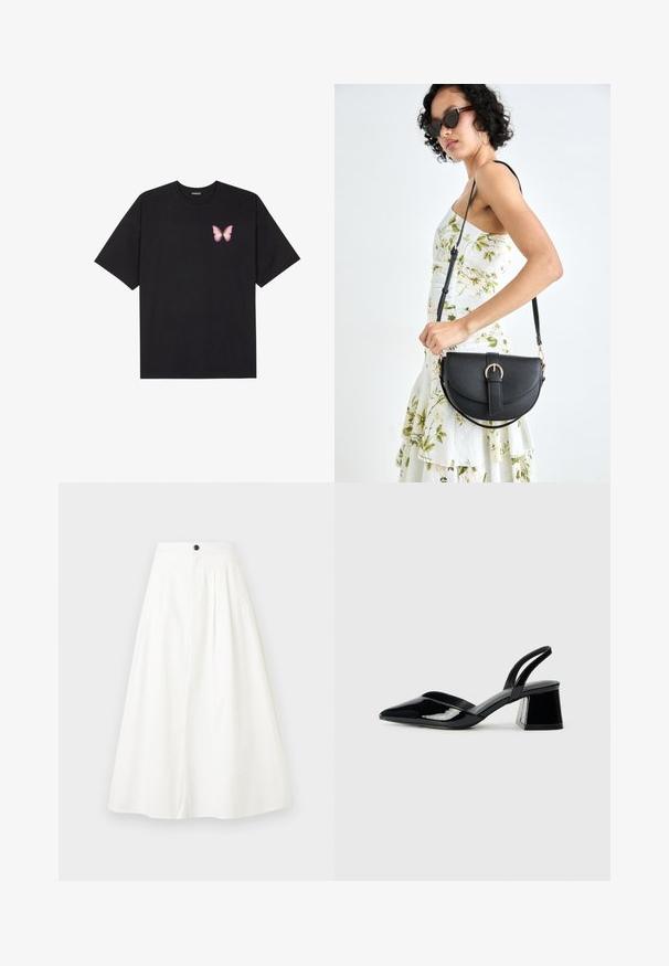 Črna bombažna majica s kratkimi rokavi, ki ima majhen roza metuljček na levi strani prsnega dela. Majica s krožnim ovratnikom in sproščenim krojem.; Bela, A-line krila iz bombaža. Ima nabore, visok pas in en sam črn gumb za zapiranje spredaj. Gladko, teksturirano blago.; Črne lakirane slingback pete s koničastim nosom in geometrijsko blokasto peto. Imajo eleganten, minimalističen dizajn in gladko teksturo.; Črna usnjena torbica s ukrivljeno obliko, z odstranljivo naramnico in zlatimi dodatki. Torbica ima pokrov s podrobnostmi v obliki zaponke.