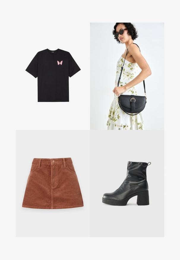 Svart bomulls T-skjorte med korte ermer, med en liten rosa sommerfugl grafikk på venstre bryst. Crew-neck design med en avslappet passform.; Brun kordfløyels mini skjørt med vertikal ribbete tekstur, frontlommer, knappelukking og rett snitt.; Svarte ankelstøvler laget av glatt lær, med glidelås på siden, chunky strukturert hæl, og rund tå-design.; Svart lærveske med en buet form, avtagbar stropp og gullbeslag. Vesken har et klaff med spenne-detall.