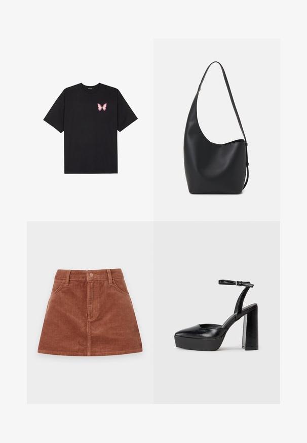 Čierne bavlnené tričko s krátkymi rukávmi, s malým ružovým motýlikom na ľavej hrudi. Design s okrúhlym výstrihom a uvoľneným strihom.; Hnedá zamatová mini sukňa s vertikálnou ribbenou textúrou, prednými vreckami, zapínaním na gombík a rovný strih.; Čierne platformové podpätky so špicatou špičkou a nastaviteľným členkovým remienkom. Vyrobené z hladkej kože a so robustným blokovým podpätkom.; Čierna kožená hobo taška so hladkou textúrou, zakriveným tvarom a jedným nastaviteľným popruhom; má široké otvorenie na vrchu.