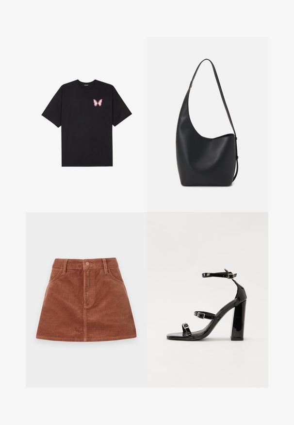 Fekete pamut póló rövid ujjakkal, bal mellkason egy kis rózsaszín pillangó grafikával. Kerek nyakú kialakítás, laza fazonnal.; Barna kordbársony mini szoknya függőleges bordázott textúrával, elülső zsebekkel, gombos záródással és egyenes szabással.; Fekete lakk magas sarkú szandál négyzet alakú orral, bokapántokkal és ezüst csatokat tartalmaz. Masszív blokk sarka a stabilitásért felel.; Fekete bőr hobo táska sima textúrával, ívelt formával és egyetlen állítható pánttal; széles nyílás található a tetején.
