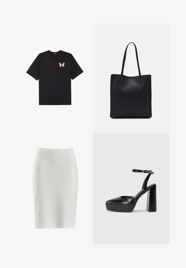 Juodas medvilnės marškinėliai trumpomis rankovėmis, su maža rožine drugelio grafika kairėje krūtinės pusėje. Apvalus kaklo iškirpimas, laisvas kirpimas.; Balta pieštukinė sijonas su glotnia tekstūra, prigludusia forma ir subtiliomis šoninėmis siūlėmis. Vidutinio ilgio, be matomų detalių ar raštų.; Juodi platforminiai aukšti kulniukai su smailiu kojų pirštu ir reguliuojamu kulkšnies dirželiu. Pagaminti iš lygaus odos, turi masyvų blokinį kulną.; Juodas odinis tote krepšys su lygia tekstūra, stačiakampio formos ir dviem ilgais rankenomis. Matomų metalinių detalių ar puošybos nėra.