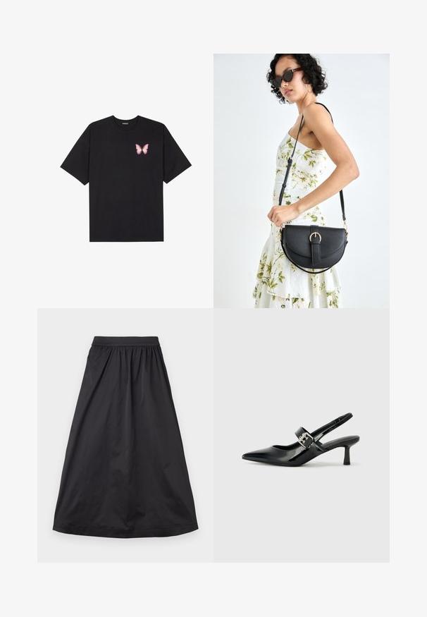 T-shirt nera in cotone con maniche corte, caratterizzata da una piccola grafica di una farfalla rosa sul lato sinistro del petto. Design a girocollo con una vestibilità rilassata.; Gonna maxi nera realizzata in tessuto morbido; presenta una vita arricciata, una silhouette fluida e un orlo dritto senza ulteriori decorazioni.; Décolleté neri in vernice con punta affilata e tacco a blocco piccolo, dotati di un accentuato con fibbia argentata sulla cinturino.; Borsa a tracolla nera in pelle con una forma curva, manico rimovibile e accessori dorati. La borsa presenta una patta con un dettaglio a fibbia.