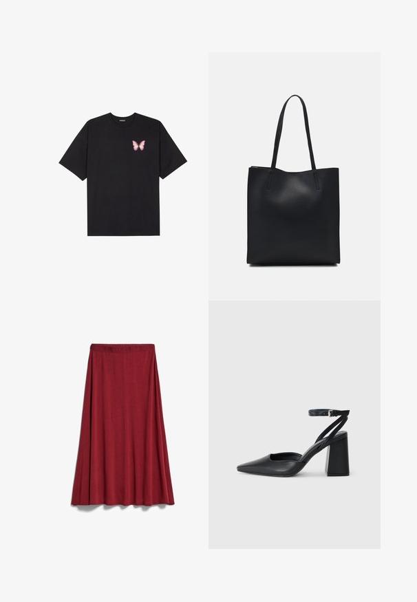 T-shirt en coton noir à manches courtes, avec un petit graphique de papillon rose sur la poitrine gauche. Modèle à col rond avec une coupe décontractée.; ARMEDANGELS ILENIAA LARAA - Jupe trapèze - dark crimson; Escarpin noir en cuir à bout pointu avec une bride de cheville et un talon épais. Texture lisse, design élégant et esthétique minimaliste.; Sac fourre-tout en cuir noir avec une texture lisse, de forme rectangulaire et deux longues poignées. Pas de matériel ou d'ornementations visibles.