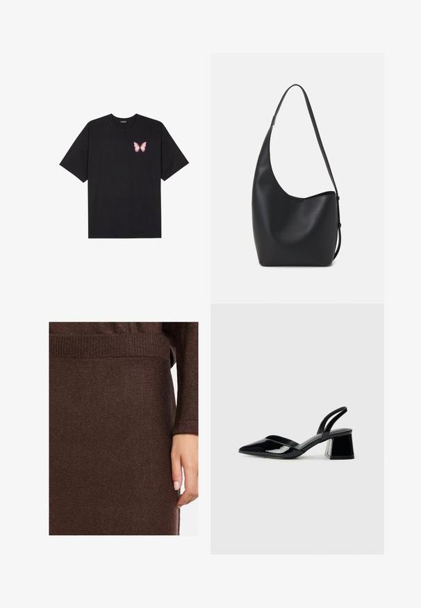 Melna kokvilnas T-krekls ar īsām piedurknēm, kuram priekšā kreisajā pusē ir neliels rozā tauriņa grafiskais attēls. Ar apaļu kaklu un brīvā stila piegriezumu.; Tumši brūns adīts džemperis ar ribotu piedurkni un apakšu, kas veido maigu spīdumu. Materiāls šķiet mīksts un teksturēts. Redzama viena roka.; Melna lakota āda ar atvērto papēdi, ar smailu purngalu un ģeometrisku blokpapēdi. Iezīmējas elegants, minimāls dizains un gluda tekstūra.; Melnas ādas hobo soma ar gludu tekstūru, izliekta forma un vienu regulējamu jostu; augšā ir plaša atvere.