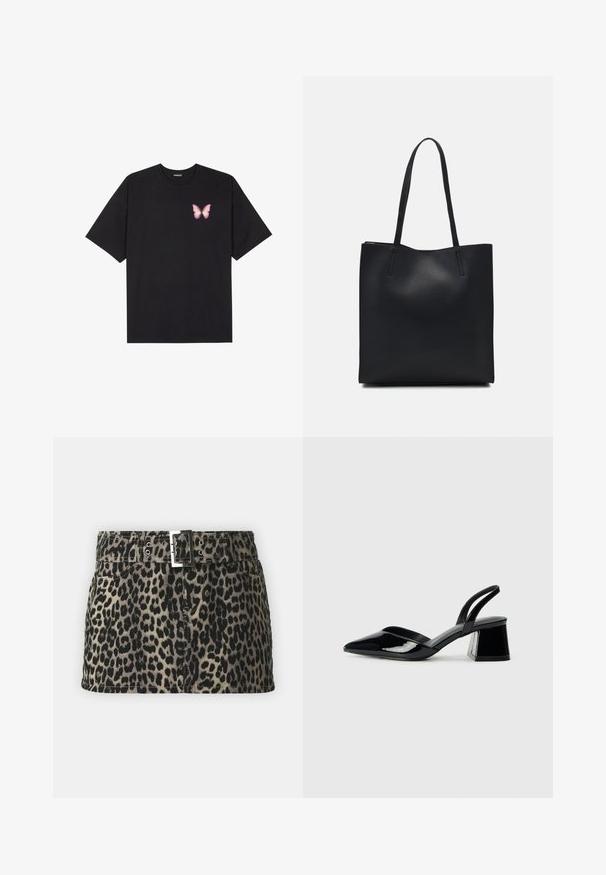 Juodas medvilnės marškinėliai trumpomis rankovėmis, su maža rožine drugelio grafika kairėje krūtinės pusėje. Apvalus kaklo iškirpimas, laisvas kirpimas.; Leopardų rašto džinsinė sijonas su diržu, pasižymintis sidabro spalvos sagtimi, priekinėmis kišenėmis ir tiesiu kraštu.; Juodos lakuotos odinės šlepetės su smailiu pirštu ir geometriniu bloko kulnu. Turi elegantišką, minimalistinį dizainą ir lygų paviršių.; Juodas odinis tote krepšys su lygia tekstūra, stačiakampio formos ir dviem ilgais rankenomis. Matomų metalinių detalių ar puošybos nėra.