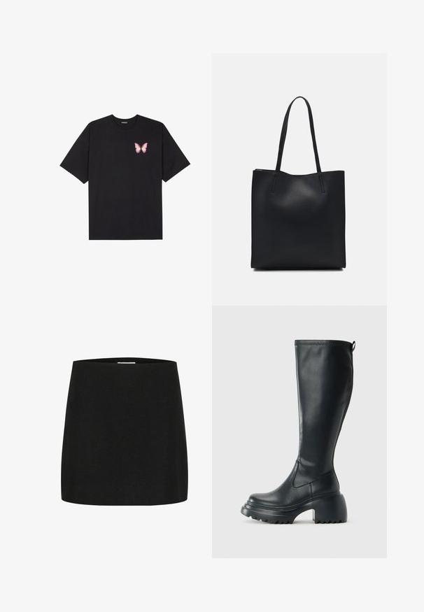 Musta puuvillapaita lyhyillä hihoilla, jossa on pieni vaaleanpunainen perhosgrafiikka vasemmassa rinnassa. Pyöreä kaula-aukko ja rento istuvuus.; Musta mini hame, joka on valmistettu teksturoidusta kankaasta. Hameessa on yksinkertainen, suora leikkaus ilman näkyviä koristeita tai kuvioita.; Korkeat mustat nahkakengät, joissa on paksu pohja ja lohkare korko, varustettuna vetonauhalla ja tekstuurilla ulkopohjassa.; Mustapahkainen kangaskassi, jossa on sileä pinta, suorakaiteen muotoinen ja kaksi pitkää kahvaa. Ei näkyvää metalliosaa tai koristeita.