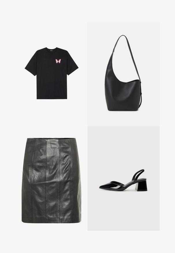 T-shirt nera in cotone con maniche corte, caratterizzata da una piccola grafica di una farfalla rosa sul lato sinistro del petto. Design a girocollo con una vestibilità rilassata.; Gonna in pelle nera con una silhouette aderente, caratterizzata da cuciture verticali per un tocco di texture e una finitura liscia.; Décolleté in vernice nera con punta affusolata e tacco in geometria cubica. Presentano un design elegante e minimalista, con una texture liscia.; Borsa hobo nera in pelle con una superficie liscia, forma curvata e una singola tracolla regolabile; presenta un'ampia apertura nella parte superiore.
