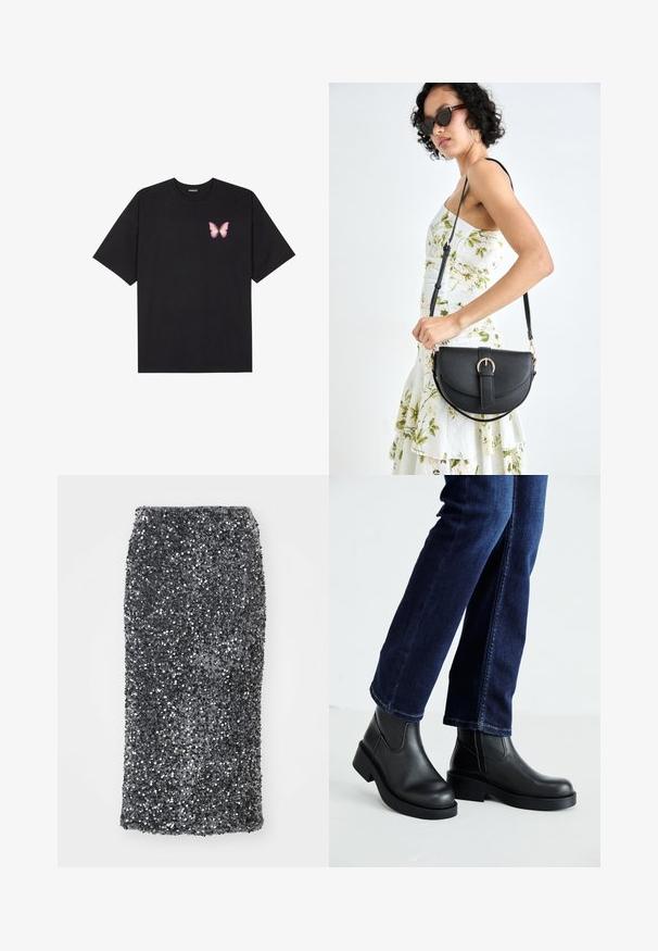 Melna kokvilnas T-krekls ar īsām piedurknēm, kuram priekšā kreisajā pusē ir neliels rozā tauriņa grafiskais attēls. Ar apaļu kaklu un brīvā stila piegriezumu.; Tumši pelēkās spīdīgas zīda svārki ar taisnu griezumu. Virsma pārklāta ar mirdzošiem, apaļiem spīguļiem, piešķirot teksturētu apdari.; Melnas ādas potīšu zābaki ar masīvu zoli un sānu elastīgām daļām, kombinēti ar tumši ziliem džinsiem. Zeme ir gaišā krāsā.; Melnas ādas rokassoma ar izliekta formu, noņemamu siksnu un zelta aksesuāriem. Somai ir vāciņš ar sprādzes detaļu.