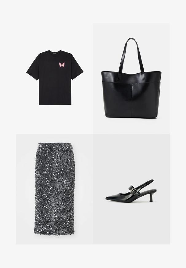 Juodas medvilnės marškinėliai trumpomis rankovėmis, su maža rožine drugelio grafika kairėje krūtinės pusėje. Apvalus kaklo iškirpimas, laisvas kirpimas.; Tamsiai pilkas blizgučių pieštuko sijonas, pasižymintis prigludusia forma. Paviršius padengtas blizgančiais, apvaliais blizgučiais, suteikiančiais tekstūrinį efektą.; Juodai lakuoti slingback aukštakulniai su smailiu kojų pirštu ir mažais blokiniais kulniukais, su sidabro sagtimi ant dirželio.; Juoda odinė rankinė su dviem ilgais diržais, lygiu paviršiumi ir struktūrizuota forma. Yra priekinė kišenė papildomam saugojimui.