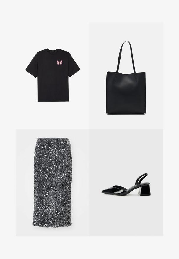 Fekete pamut póló rövid ujjakkal, bal mellkason egy kis rózsaszín pillangó grafikával. Kerek nyakú kialakítás, laza fazonnal.; Sötét szürke flitteres ceruzaszoknyája, mely szoros tütjeével rendelkezik. A felületét csillámló, kerek flitterek borítják, így texturált végeredményt adva.; Fekete lakk bőr szandálkés magas sarkú cipő, hegyes orral és geometrikus tömbsarkakkal. Karcsú, minimalista dizájn és sima textúra jellemzi.; Fekete bőrtáska sima felszínnel, téglalap alakú, két hosszú füllel. Nincs látható fémkiegészítő vagy díszítés.