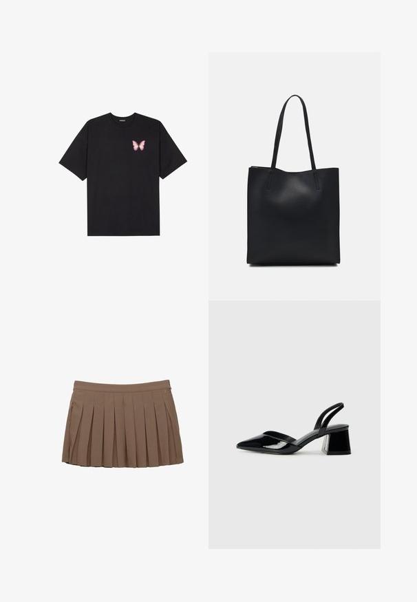 Černé bavlněné tričko s krátkým rukávem, na levém prsou s malou grafikou růžové motýlky. Design s kruhovým výstřihem a volným střihem.; Hnědá plisovaná mini sukně s páskem a jemným bočním logem na bílém pozadí.; Černé lakované kožené lodičky na pásku s špičatou špičkou a geometrickým blokovým podpatkem. Vyznačují se elegantním, minimalistickým designem a hladkým povrchem.; Černá kožená taška přes rameno s hladkým povrchem, obdélníkovým tvarem a dvěma dlouhými uchy. Žádné viditelné kování ani ozdoby.