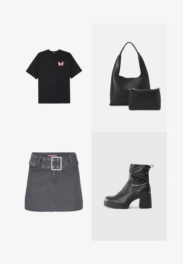 T-shirt de algodão preto com mangas curtas, apresentando um pequeno gráfico de borboleta rosa no lado esquerdo do peito. Design de gola redonda com um corte solto.; Saia mini de algodão cinza com um cinto largo com ilhós prateados e uma fivela metálica quadrada, desenhada com uma silhueta limpa e reta.; Botas de tornozelo pretas feitas de couro liso, com fecho lateral, salto grosso texturizado e design de bico arredondado.; Even&Odd Mala de mão - black