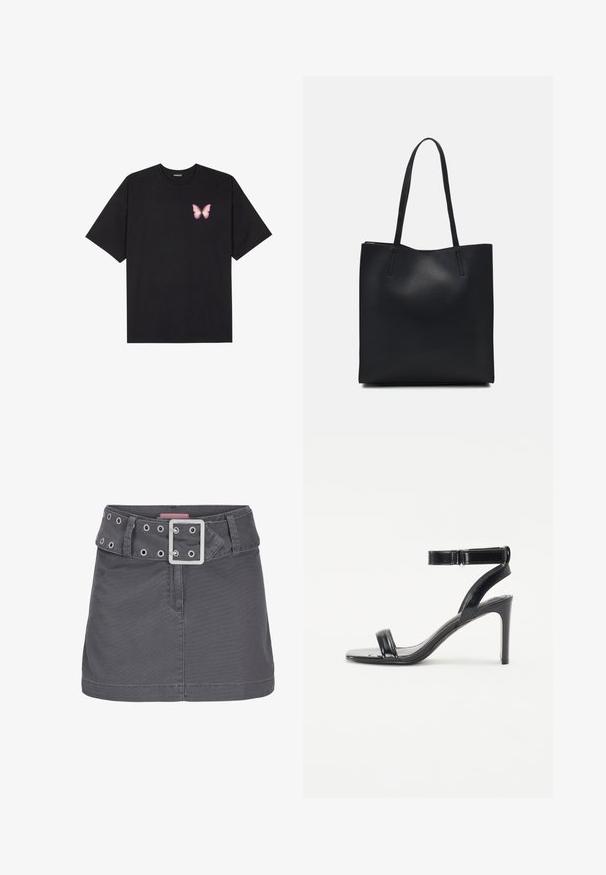 Fekete pamut póló rövid ujjakkal, bal mellkason egy kis rózsaszín pillangó grafikával. Kerek nyakú kialakítás, laza fazonnal.; Szürke pamut mini szoknya széles övvel, ezüst szemekkel és négyzet alakú fém csattal, letisztult, egyenes sziluettel tervezve.; Fekete, fényes felületű magassarkú szandál, két vékony pánttal és egy bokapánttal, vékony stiletto sarokra állítva.; Fekete bőrtáska sima felszínnel, téglalap alakú, két hosszú füllel. Nincs látható fémkiegészítő vagy díszítés.