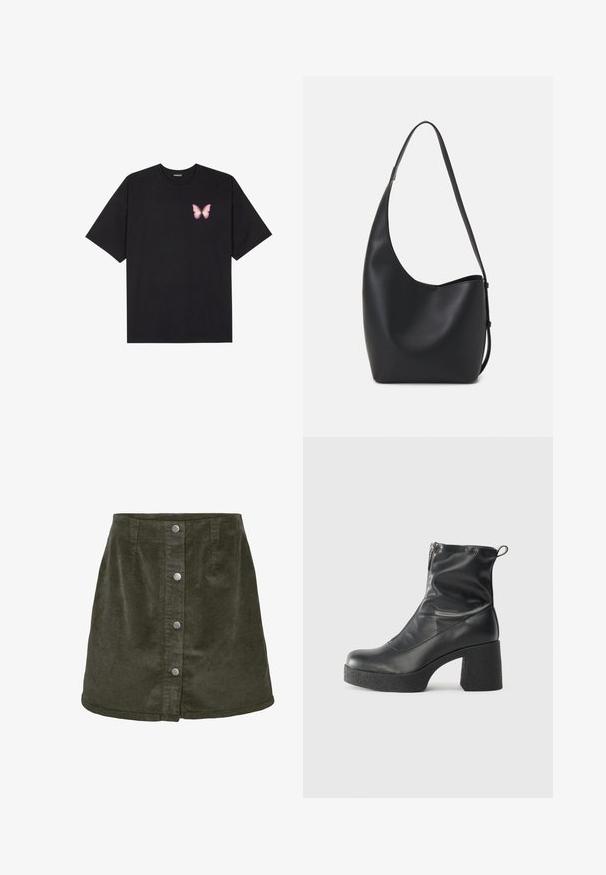 Čierne bavlnené tričko s krátkymi rukávmi, s malým ružovým motýlikom na ľavej hrudi. Design s okrúhlym výstrihom a uvoľneným strihom.; Mini sukňa z kordu v tmavozelenej farbe s A-líniou, ozdobená piatimi striebornými gombíkmi na zapínanie vpredu a vertikálnou ryhovanou textúrou.; Čierne členkové topánky z hladkej kože, so bočným zipsom, robustnou textúrovanou pätnou časťou a zaobleným dizajnom špičky.; Čierna kožená hobo taška so hladkou textúrou, zakriveným tvarom a jedným nastaviteľným popruhom; má široké otvorenie na vrchu.