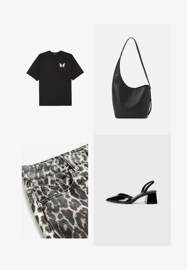 Tricou negru din bumbac cu mâneci scurte, având pe partea stângă a pieptului un mic grafic cu un fluture roz. Design cu guler rotund și croială lejeră.; Jeans cu imprimeu animal, cu un model bej și negru, realizate din denim cu un finisaj texturat, detaliate cu hardware argintiu și cusături.; Pantofi cu toc slingback din piele lacuită neagră, cu vârf ascuțit și toc geometric. Prezintă un design elegant, minimalist și o textură netedă.; Geantă hobo din piele neagră, cu o textură netedă, formă curbată și un singur bretele ajustabil; are o deschidere largă în partea de sus.