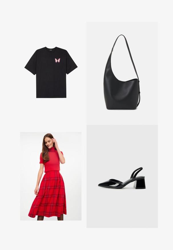 Schwarzes Baumwoll-T-Shirt mit kurzen Ärmeln, das ein kleines pinkes Schmetterlingsmotiv auf der linken Brust zeigt. Crewneck-Design mit einem entspannten Schnitt.; Roter Rollkragenpullover kombiniert mit einem roten karierter Midirock mit Falten. Der Rock hat blaue und schwarze Karomuster.; Schwarze Lackleder-Slingback-High Heels mit spitzem Schuh und einem geometrischen Blockabsatz. Verfügt über ein schlankes, minimalistisches Design und eine glatte Textur.; Schwarze Leder-Hobo-Tasche mit einer glatten Textur, geschwungener Form und einem einzelnen verstellbaren Tragegurt; verfügt über eine weite Öffnung am oberen Ende.
