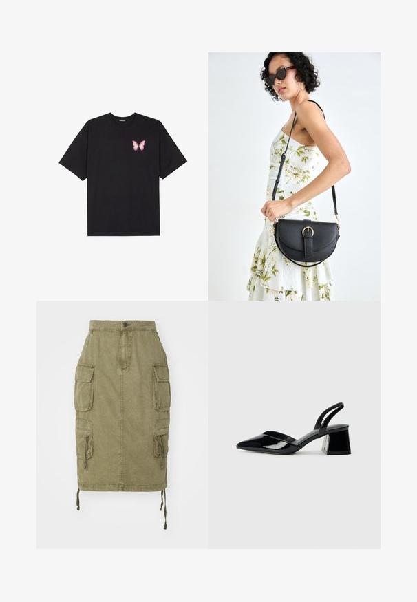 Tricou negru din bumbac cu mâneci scurte, având pe partea stângă a pieptului un mic grafic cu un fluture roz. Design cu guler rotund și croială lejeră.; Alpha Industries MULTIPOCKET SKIRT - Fustă denim - olive; Pantofi cu toc slingback din piele lacuită neagră, cu vârf ascuțit și toc geometric. Prezintă un design elegant, minimalist și o textură netedă.; Geantă din piele neagră, cu o formă curbată, curea detașabilă și accesorii aurii. Geanta are un capac cu un detaliu tip cataramă.