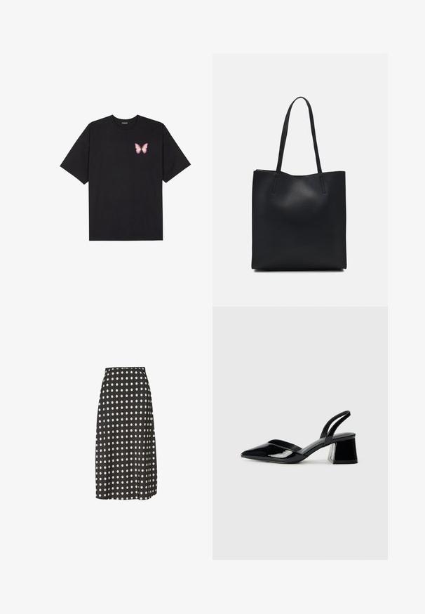 Fekete pamut póló rövid ujjakkal, bal mellkason egy kis rózsaszín pillangó grafikával. Kerek nyakú kialakítás, laza fazonnal.; Fekete midi szoknya fehér pöttyökkel, sima anyagból készült. Feszes derékkal rendelkezik, és egy enyhe oldalsó hasítékkal van ellátva a szabad mozgás érdekében.; Fekete lakk bőr szandálkés magas sarkú cipő, hegyes orral és geometrikus tömbsarkakkal. Karcsú, minimalista dizájn és sima textúra jellemzi.; Fekete bőrtáska sima felszínnel, téglalap alakú, két hosszú füllel. Nincs látható fémkiegészítő vagy díszítés.