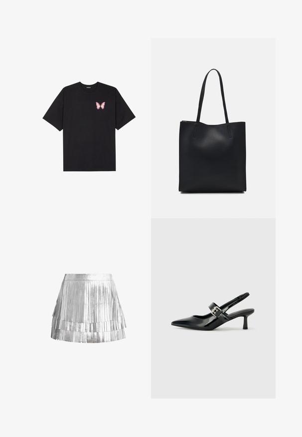 Juodas medvilnės marškinėliai trumpomis rankovėmis, su maža rožine drugelio grafika kairėje krūtinės pusėje. Apvalus kaklo iškirpimas, laisvas kirpimas.; Sidabrinė fringe mini sijonas, pagamintas iš metalinio medžiagos, su daugybe sluoksniuotų fringinčių juostelių, prigludusia juosmens dalimi ir blizgiu paviršiumi.; Juodai lakuoti slingback aukštakulniai su smailiu kojų pirštu ir mažais blokiniais kulniukais, su sidabro sagtimi ant dirželio.; Juodas odinis tote krepšys su lygia tekstūra, stačiakampio formos ir dviem ilgais rankenomis. Matomų metalinių detalių ar puošybos nėra.