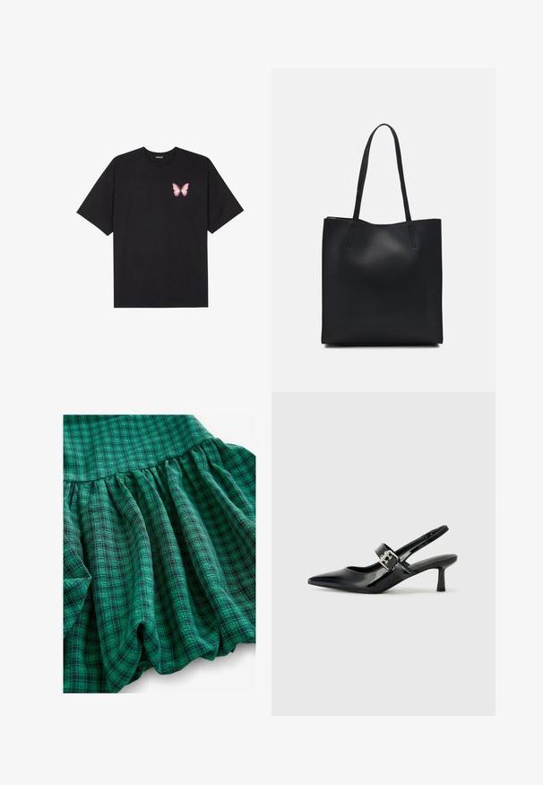 Melna kokvilnas T-krekls ar īsām piedurknēm, kuram priekšā kreisajā pusē ir neliels rozā tauriņa grafiskais attēls. Ar apaļu kaklu un brīvā stila piegriezumu.; Zaļš pārbaudes audums ar dažādām nokrāsām, savilktu tekstūru un viļņotu apakšmalu. Materiāls izskatās elpojošs un viegls.; Melnas lakotas ādas sūkņa kurpes ar norādītu purngali un mazu bloku papēdi, ar sudraba sprādzi akcentā uz jostas.; Melnas ādas somiņa ar gludu tekstūru, taisnstūra formu un divām garām rokturiem. Nav redzamu aparatūras vai rotājumu.