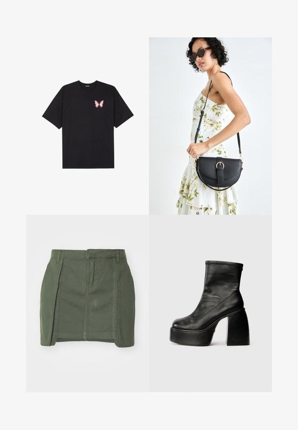 Čierne bavlnené tričko s krátkymi rukávmi, s malým ružovým motýlikom na ľavej hrudi. Design s okrúhlym výstrihom a uvoľneným strihom.; Khaki zelená denimová sukňa s priliehavým strihom, prednými faldmi a čistým lemom. Obsahuje pútka na opasok a dve bočné vrecká.; Čierne kožené členkové topánky s okrúhlou špičkou, hladkou textúrou a výrazným blokovým podpätkom. Obsahujú bočný zips. Minimalistický dizajn.; Čierna kožená kabelka s zaobleným tvarom, odnímateľným popruhom a zlatými doplnkami. Kabelka má klopu s detailom s prackou.