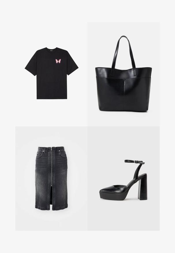 Fekete pamut póló rövid ujjakkal, bal mellkason egy kis rózsaszín pillangó grafikával. Kerek nyakú kialakítás, laza fazonnal.; Fekete farmer szoknya elülső cipzárral, két oldalsó zsebbe, közepes hosszúságú dizájnnal és enyhe kopással. Egyenes szabású és szegélyezett élekkel rendelkezik.; Fekete platform magassarkú cipők hegyes orral és állítható bokapánttal. Sima bőrből készült, vastag talppal.; Fekete bőr bevásárlótáska két hosszú fogantyúval, sima felülettel és strukturált formával. Elülső zseb található rajta a plusz tárolás érdekében.