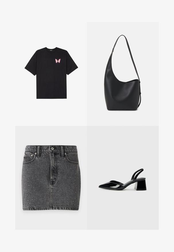 Crna pamučna majica s kratkim rukavima, s malim grafičkim prikazom ružičaste vjetricaste s desne strane na prsima. Dizajn s okruglim izrezom i opuštenim krojem.; Traper suknja u tamnosivoj boji s ukrasima od srebrnih zakovica. Ima uski kroj, klasičan dizajn s pet džepova i petlje za remen.; Crne lakirane kožne sandale s otvorenom petom i špicastim vrhom, s geometrijskom blok petom. Imaju elegantan, minimalistički dizajn i glatku teksturu.; Crna kožna hobo torba s glatkom teksturom, zakrivljenim oblikom i jednom podesivom trakicom; ima širok otvor na vrhu.