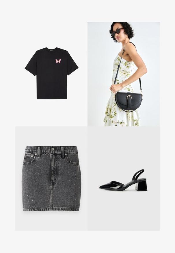 Melna kokvilnas T-krekls ar īsām piedurknēm, kuram priekšā kreisajā pusē ir neliels rozā tauriņa grafiskais attēls. Ar apaļu kaklu un brīvā stila piegriezumu.; Tumši pelēkā džinsa svārki ar sudraba kniedēm. Iezīmē pieguļošu siluetu, klasisku piecu kabatu dizainu un jostu cilpiņas.; Melna lakota āda ar atvērto papēdi, ar smailu purngalu un ģeometrisku blokpapēdi. Iezīmējas elegants, minimāls dizains un gluda tekstūra.; Melnas ādas rokassoma ar izliekta formu, noņemamu siksnu un zelta aksesuāriem. Somai ir vāciņš ar sprādzes detaļu.