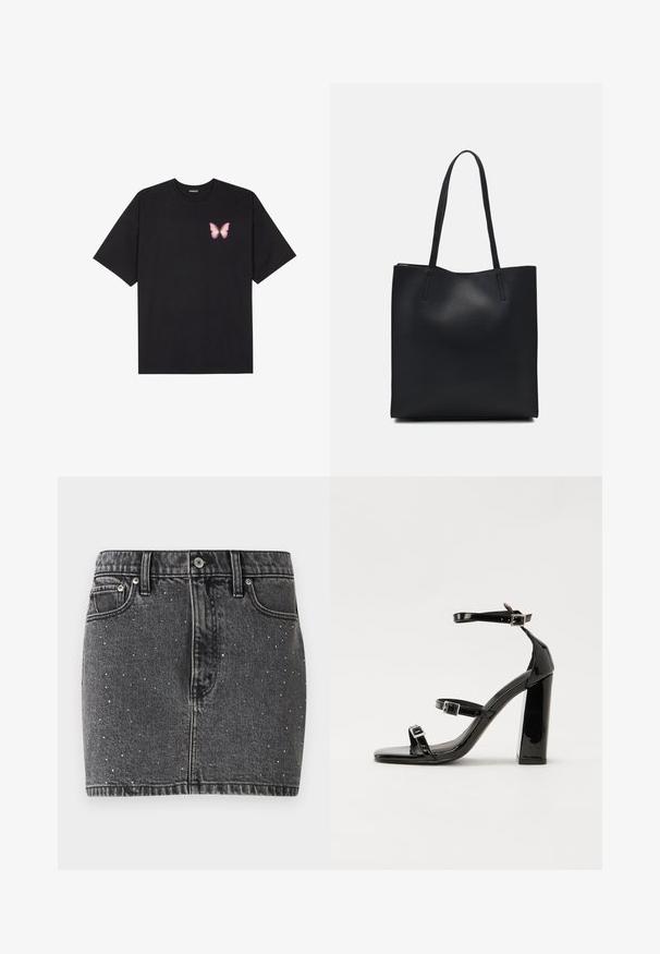 T-shirt en coton noir à manches courtes, avec un petit graphique de papillon rose sur la poitrine gauche. Modèle à col rond avec une coupe décontractée.; Jupe en denim gris foncé avec des ornements en clous argentés. Présente une coupe ajustée, un design classique à cinq poches et des passants de ceinture.; Sandales à talons vernies noires avec un bout carré, des sangles autour de la cheville et des boucles en argent. Dotées d'un talon bloc épais pour plus de stabilité.; Sac fourre-tout en cuir noir avec une texture lisse, de forme rectangulaire et deux longues poignées. Pas de matériel ou d'ornementations visibles.