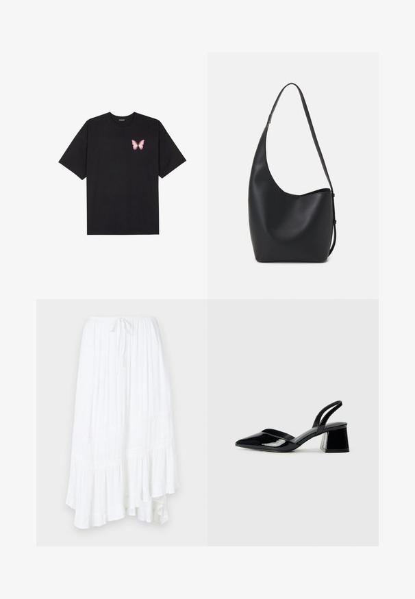 Melna kokvilnas T-krekls ar īsām piedurknēm, kuram priekšā kreisajā pusē ir neliels rozā tauriņa grafiskais attēls. Ar apaļu kaklu un brīvā stila piegriezumu.; Balta, daudzslāņu svītra no viegla auduma, ar aukliņu jostasvieta un mežģīņu apdari visās slāņos. Apakšmala ir asimetriska.; Melna lakota āda ar atvērto papēdi, ar smailu purngalu un ģeometrisku blokpapēdi. Iezīmējas elegants, minimāls dizains un gluda tekstūra.; Melnas ādas hobo soma ar gludu tekstūru, izliekta forma un vienu regulējamu jostu; augšā ir plaša atvere.