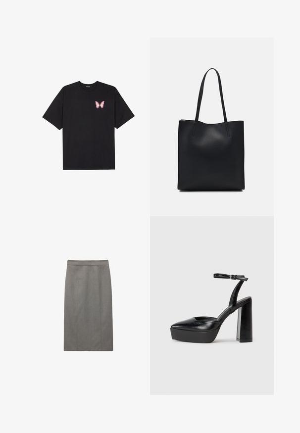 Czarny bawełniany t-shirt z krótkim rękawem, z małym różowym motylkiem na lewej piersi. Klasyczny dekolt z luźnym fasonem.; Szara spódnica o prostym kroju, z dopasowanymi szwami i gładką fakturą. Projekt zawiera wysoki pas, który zapewnia pewne dopasowanie.; Czarne platformy na wysokim obcasie z szpiczastym noskiem i regulowanym paskiem na kostkę. Wykonane z gładkiej skóry, z grubym słupkowym obcasem.; Czarna skórzana torba tote o gładkiej fakturze, prostokątnym kształcie i dwóch długich uchwytach. Brak widocznych elementów metalowych i ozdób.