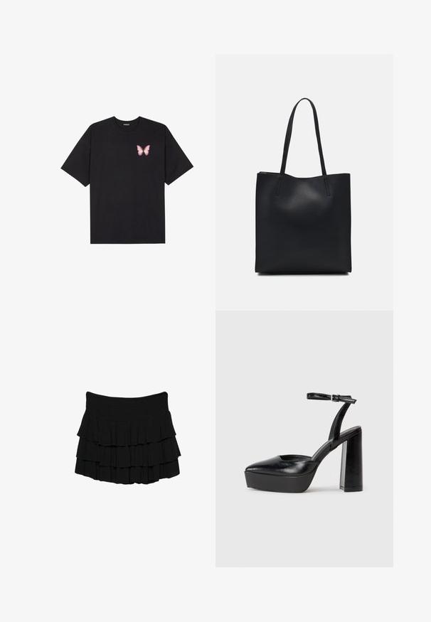 T-shirt en coton noir à manches courtes, avec un petit graphique de papillon rose sur la poitrine gauche. Modèle à col rond avec une coupe décontractée.; Jupe noire à volants en tissu léger, dotée de trois volants horizontaux et d'une taille élastique pour un ajustement confortable.; Escarpins noirs à plateforme avec un bout pointu et une sangle réglable à la cheville. Conçus en cuir lisse, avec un large talon bloc.; Sac fourre-tout en cuir noir avec une texture lisse, de forme rectangulaire et deux longues poignées. Pas de matériel ou d'ornementations visibles.
