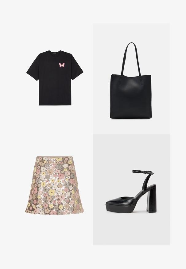 Svart bomullströja med korta ärmar, med en liten rosa fjärilsgrafik på vänster bröst. Rundad halsdesign med en avslappnad passform.; Blommig paljettkjol med en utsvängd form. Färgerna inkluderar rosa, gult, beige och grått med en texturerad, glittrande yta.; Svarta plattformsskor med spetsig tå och justerbart vristband. Tillverkade av mjukt läder, med en kraftig blockklack.; Svart lädertoffelväska med slät textur, rektangulär form och två långa handtag. Ingen synlig hårdvara eller dekorationer.