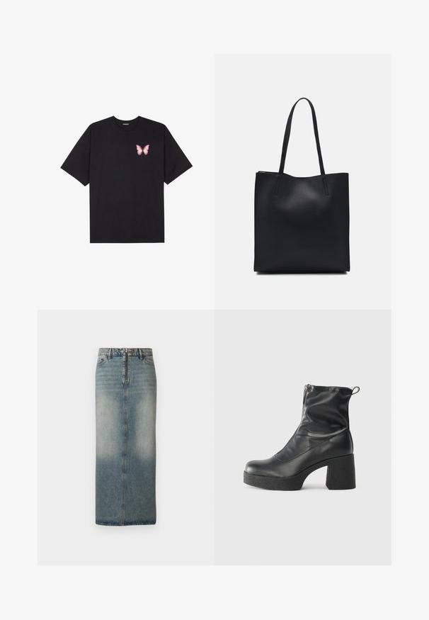 Melna kokvilnas T-krekls ar īsām piedurknēm, kuram priekšā kreisajā pusē ir neliels rozā tauriņa grafiskais attēls. Ar apaļu kaklu un brīvā stila piegriezumu.; Gaiši zila denima vidēja garuma svārku svārki ar izbalējušu apdari. Iekļauj priekšējo rāvējslēdzēju un pogu aizdari, taisnu piegriezumu un minimālas dekorācijas šuvju detaļas.; Melni potītes zābaki, kas izgatavoti no gludas ādas, ar sānu rāvējslēdzēju, masīvu strukturētu papēdi un noapaļotu purngalu.; Melnas ādas somiņa ar gludu tekstūru, taisnstūra formu un divām garām rokturiem. Nav redzamu aparatūras vai rotājumu.