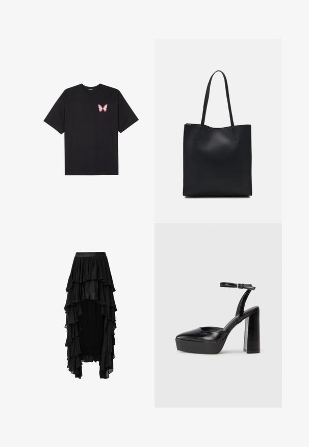 Svart bomulls T-skjorte med korte ermer, med en liten rosa sommerfugl grafikk på venstre bryst. Crew-neck design med en avslappet passform.; Svart, lagdelt maxiskjørt med volangdesign, laget av lett stoff, med bred linning og en asymmetrisk nederkant.; Sorte plattformhelter med spiss tå og justerbar ankelrem. Laget av glatt lær, med en robust blokkhel.; Svart lær tote bag med glatt tekstur, rektangulær form og to lange håndtak. Ingen synlige deler eller dekorasjoner.